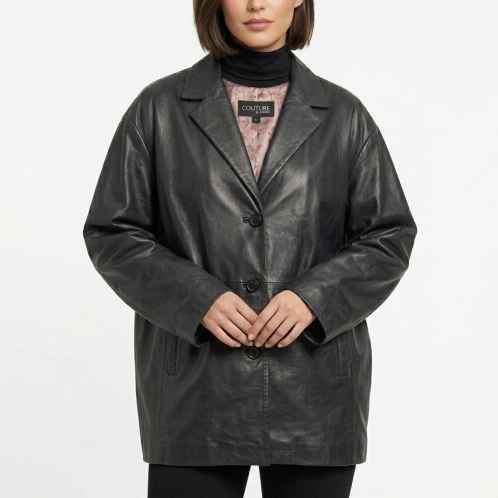 Couture By J Park Lamb Leather Jacket Womens L Black 3 Button Front Buttery Soft